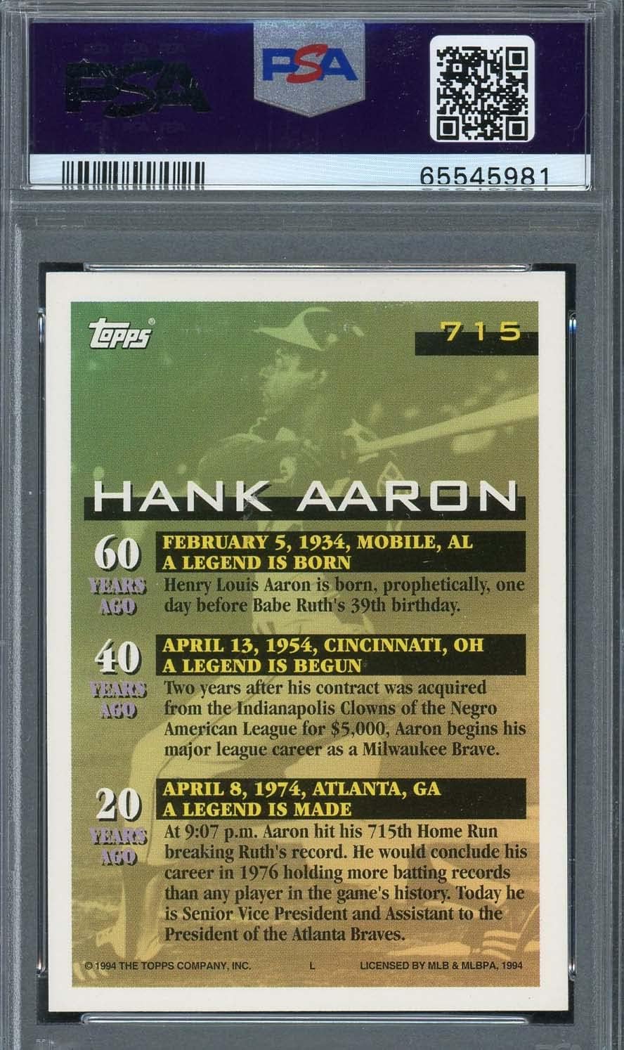 Hank Aaron 1994 Topps Baseball Card #715 Graded PSA 10 -  BigGreenBear.com Baseball cards 139.89
