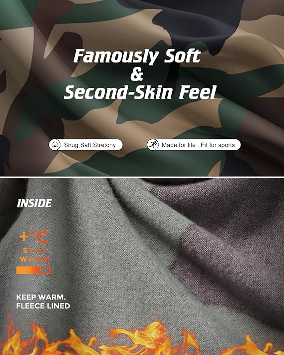 Camouflage fabric with text about softness and second-skin feel, and gray fabric with fleece lining.