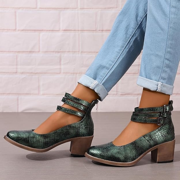 Womens Pumps Heels Animal Print Round Toe Ankle Straps-Green -  BigGreenBear.com shoes 44.00 USD Big Green Bear