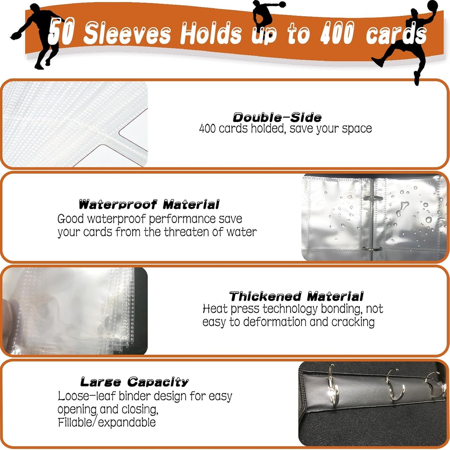 Basketball Card Binder, 4 Pocket with 50 Removable Sleeves Fits 400 Sport Card