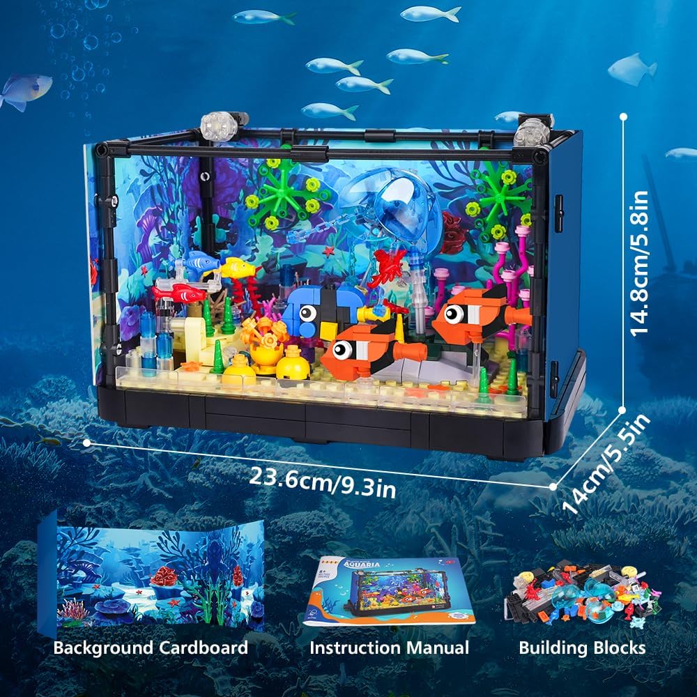 Fish Tank Building Set with LED Light - Movable Aquarium Building Toys for Adults Kids | 725PCS -  BigGreenBear.com Building Toys 59.99 USD Big Green Bear