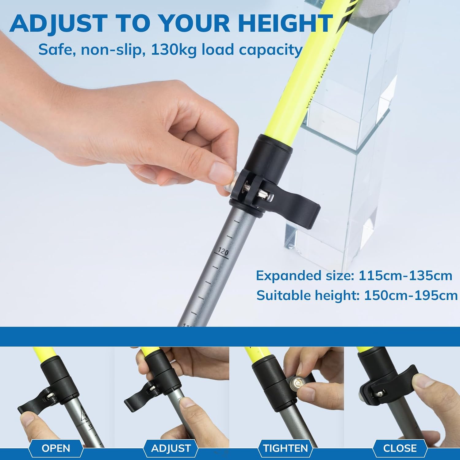 Adjustable height stick with text on safety and capacity, against a light blue background.