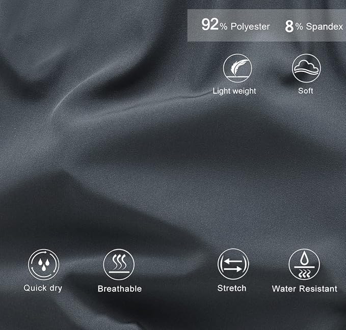 Dark gray fabric with text and icons indicating material properties on a dark gray background