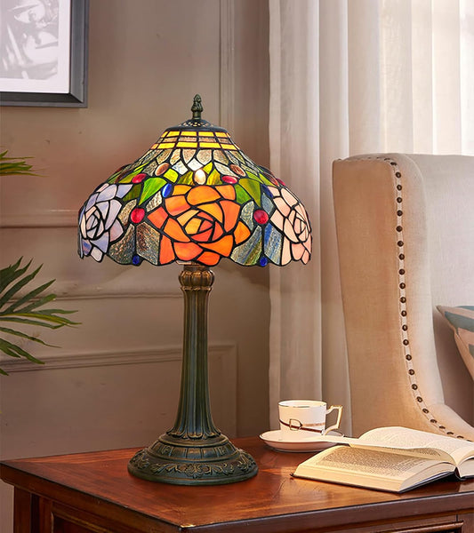 Tiffany Style Stained Glass Lamp Red Orange Purple Pink Rose Table Lamp 19"