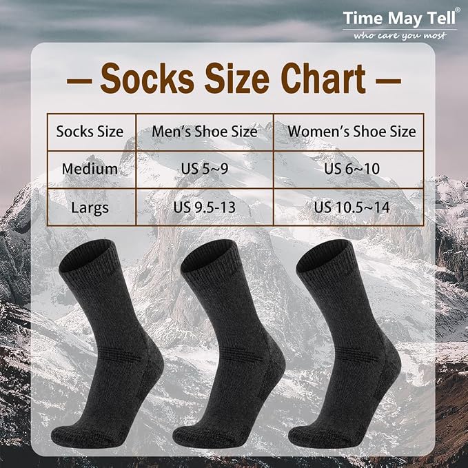 A socks size chart graphic showing a table with Socks Size, Men's Shoe Size, and Women's Shoe Size, plus three dark gray crew socks displayed below on a snowy mountain background. The brand name Time May Tell appears in the top right.