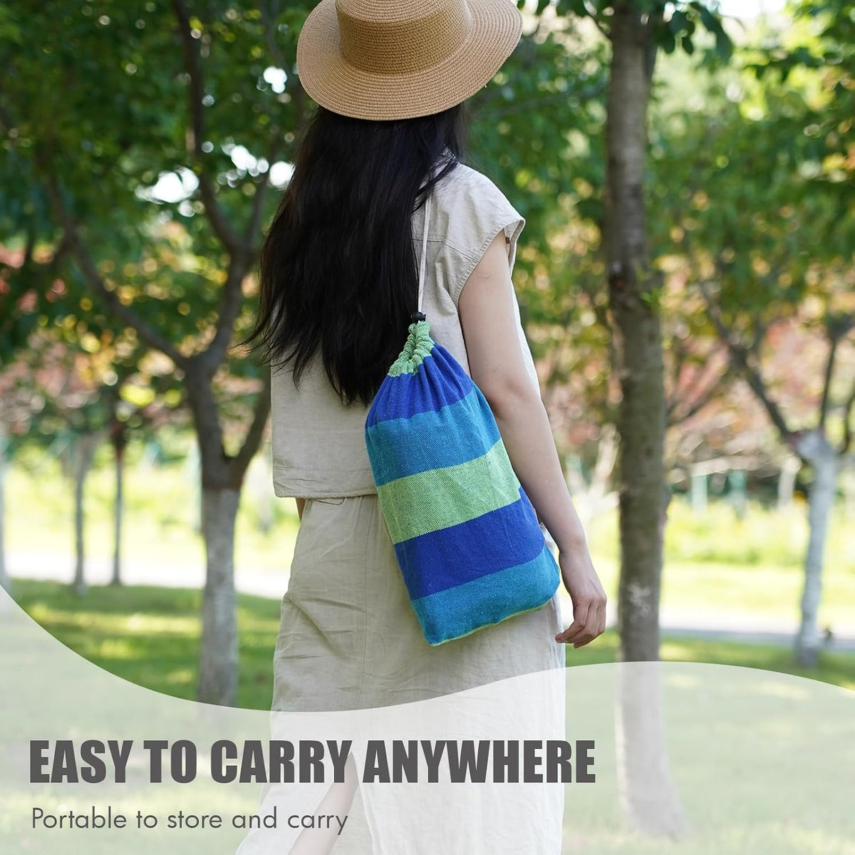 Woman carrying a blue and green striped bag outdoors with text 'Easy to carry anywhere'.