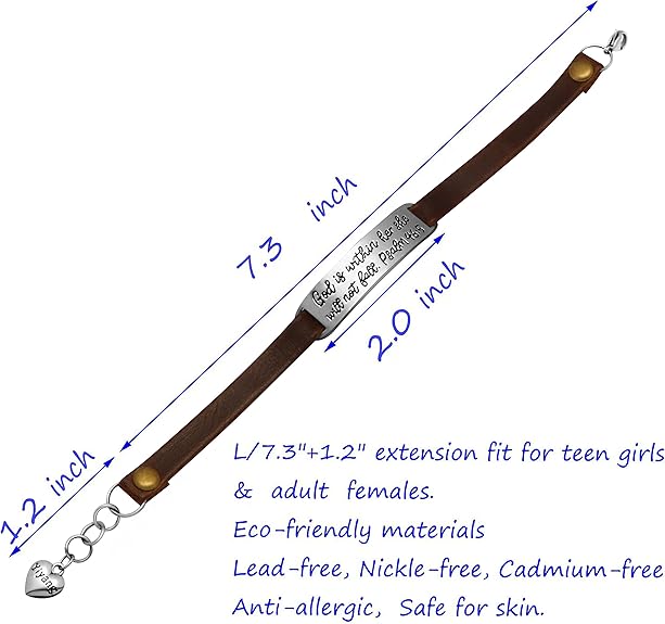 Leather Bracelet for Women Christian God is within her, she will not fail-Brown