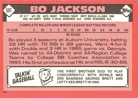 1986 Topps Traded Bo Jackson #50T Baseball Card