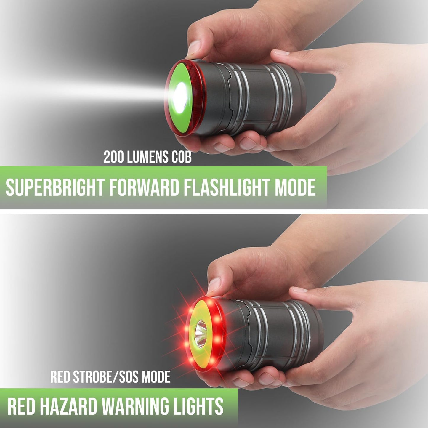 Flashlight with green light on top and red light on bottom, held by hands against a gray background.