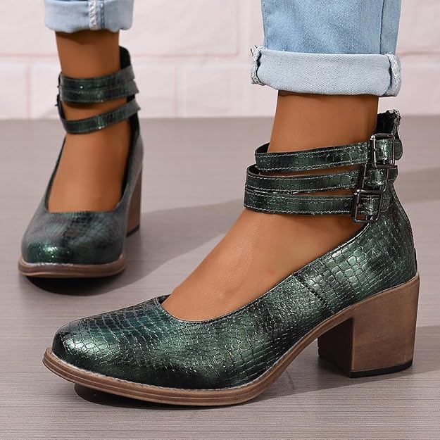 Womens Pumps Heels Animal Print Round Toe Ankle Straps-Green -  BigGreenBear.com shoes 44.00 USD Big Green Bear