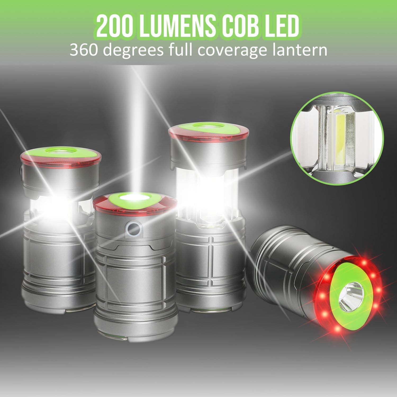 Set of four lanterns with COB LED technology, highlighting 200 lumens and 360-degree coverage.