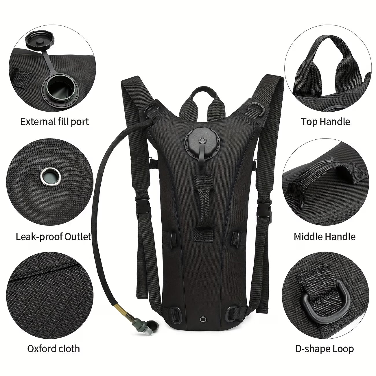 Black hydration backpack with various features highlighted on a white background