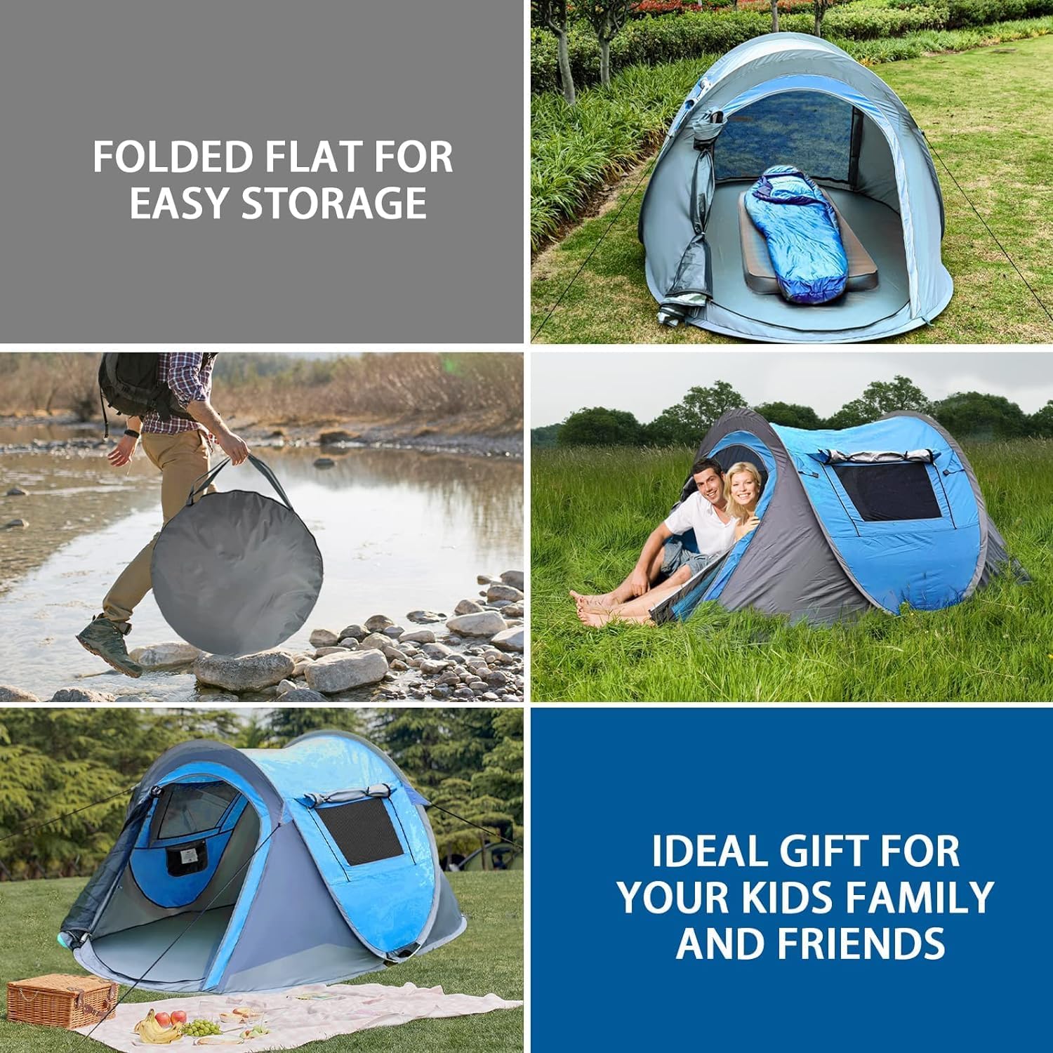 Collage of a camping tent with storage bag, people using the tent, and text about easy storage and family use.