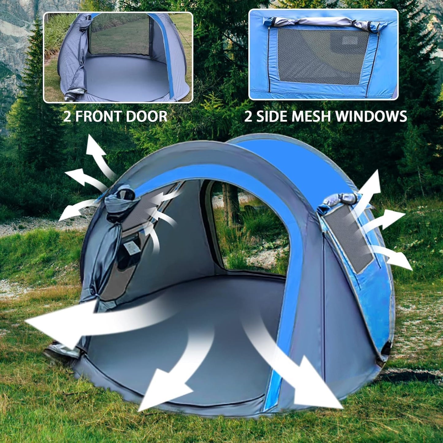 Blue and gray pet tent with features highlighted on a grassy background