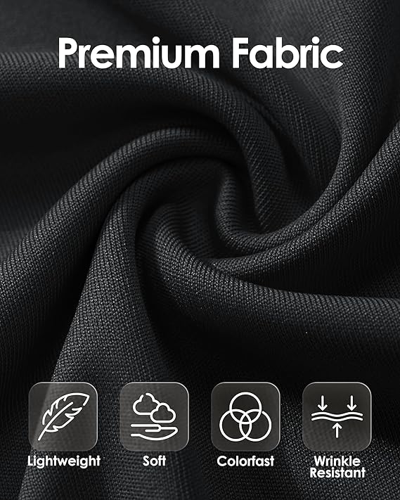 Close-up of black premium fabric with features labeled on a black background