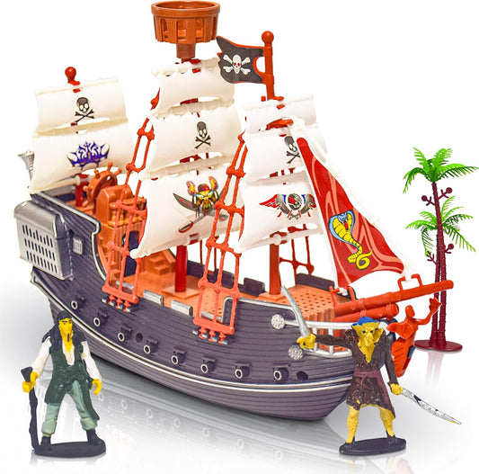 Pirate Boat Playset, Detailed Ship Toy with 2 Pirate Action Figures & Tree -  BigGreenBear.com Building Toys 24.99 USD Big Green Bear