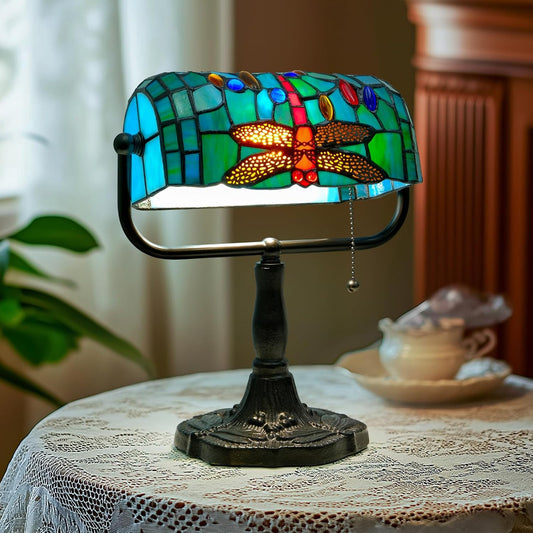 Tiffany Style Bankers Lamp - Stained Glass Desk Lamp with Pull Chain, Dragonfly Design -  BigGreenBear.com Lighting 89.99 USD Big Green Bear