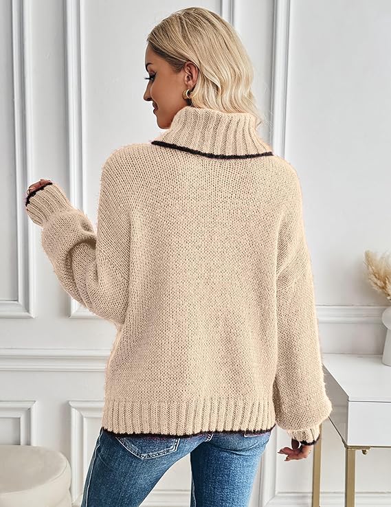 Turtleneck Sweater for Women Long Sleeve Oversized Light Khaki -  BigGreenBear.com clothing 24.50 USD Big Green Bear