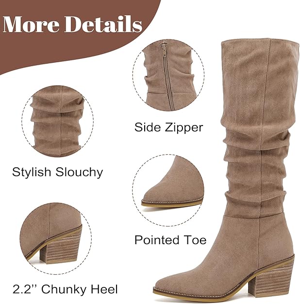 Women's Knee High Boots, Wide Calf Chunky Block Low Heel and Slouchy Pointed Toe -  BigGreenBear.com boots 89.55 USD Big Green Bear