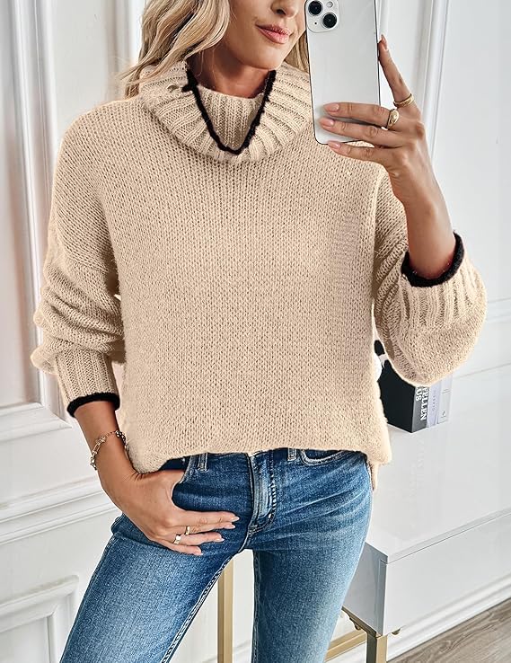 Turtleneck Sweater for Women Long Sleeve Oversized Light Khaki -  BigGreenBear.com clothing 24.50 USD Big Green Bear