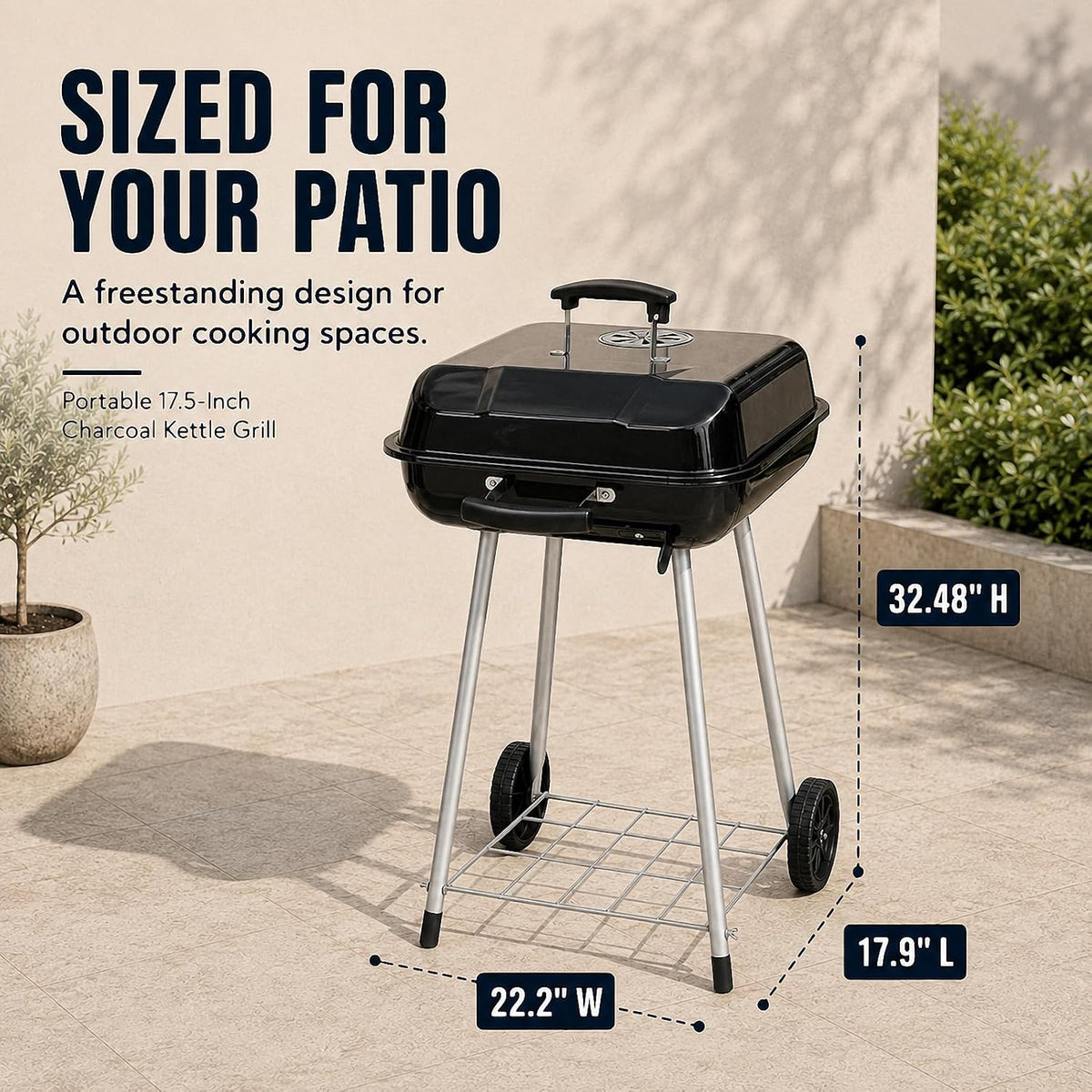 A freestanding charcoal kettle grill on a patio with overlaid dimension labels showing 22.2" width, 17.