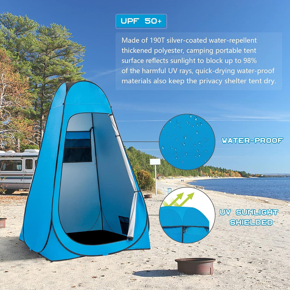 Blue camping portable tent on a beach with text highlighting features like UPF 50+, water repellency, and UV protection.