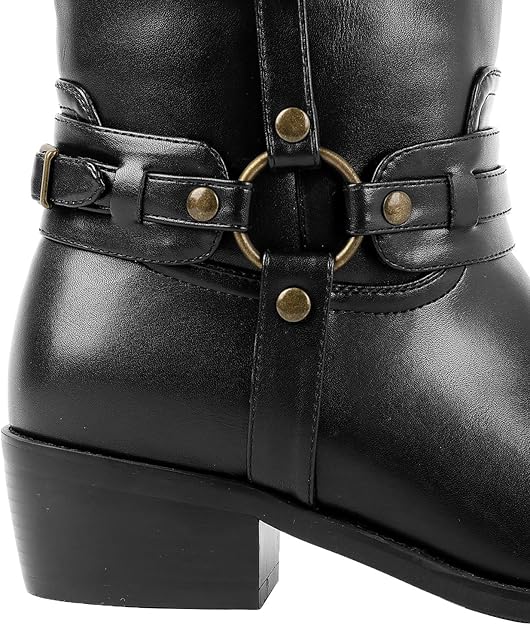 Mid Calf Boots For Women Chunky Low Heel Riding Booties Motorcycle Biker