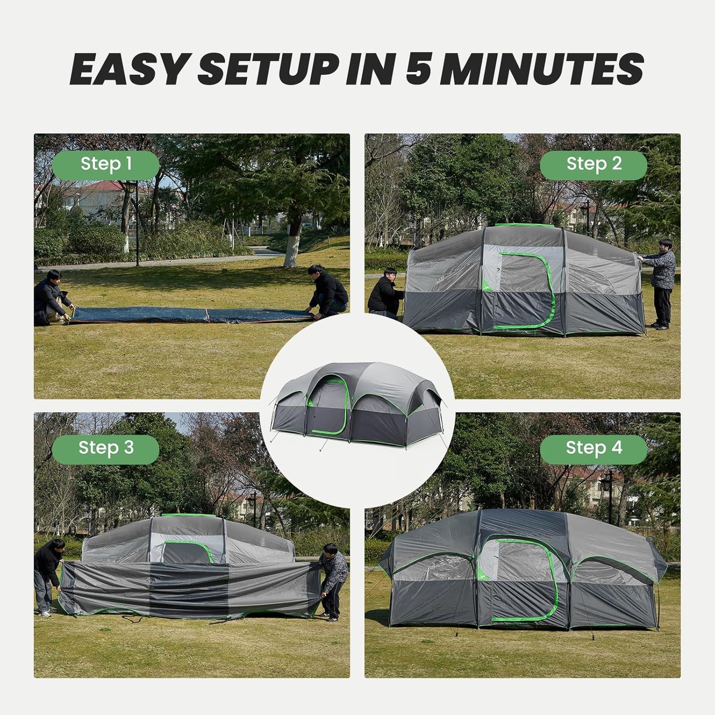 Step-by-step guide on setting up a camping tent in 5 minutes with text 'Easy Setup in 5 Minutes'.