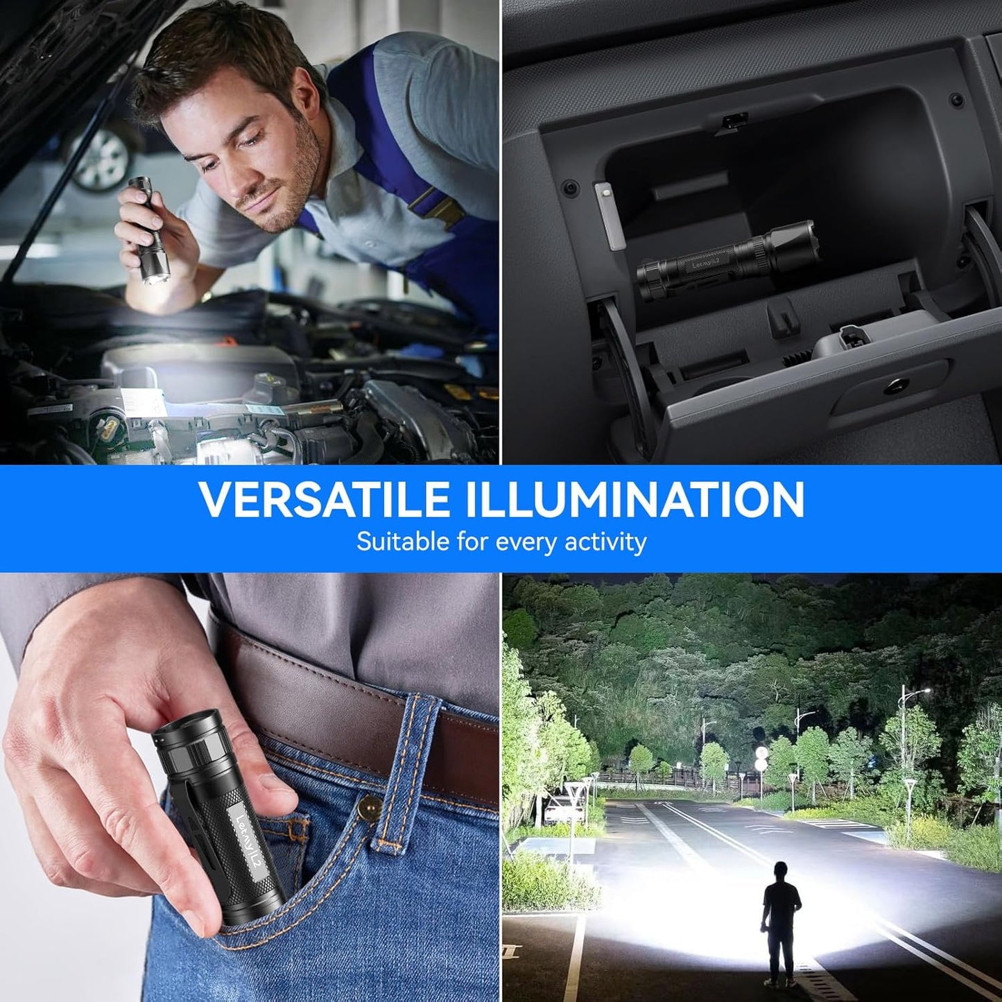 Collage of a person using a flashlight under a car, inside a vehicle, in a pocket, and on a road.