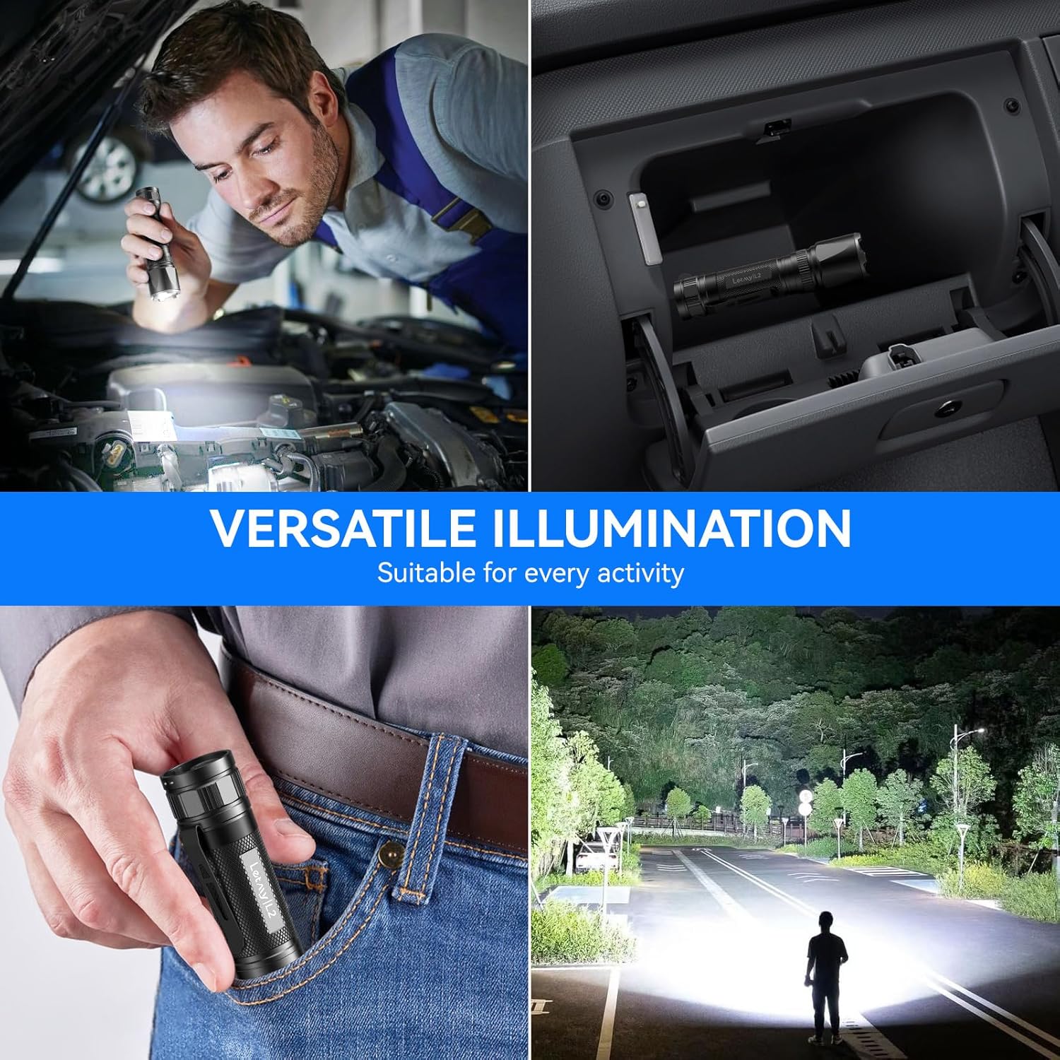 Collage of a person using a flashlight under a car, inside a vehicle, in a pocket, and on a road.