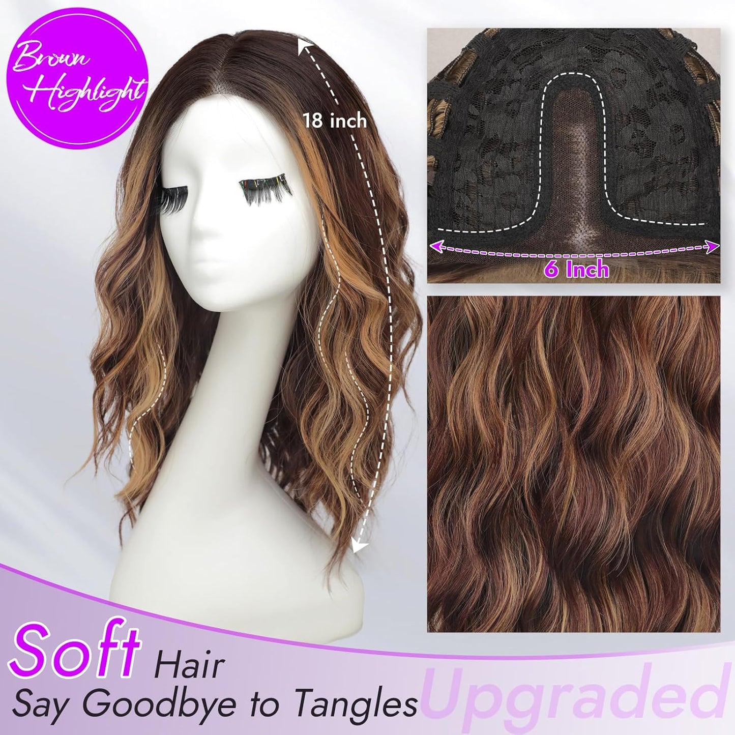 Brown Highlight Long Wavy Wig for Women, Pre-Cut HD Lace Natural Hairline 18" -  BigGreenBear.com Beauty Products 39.99 USD Big Green Bear