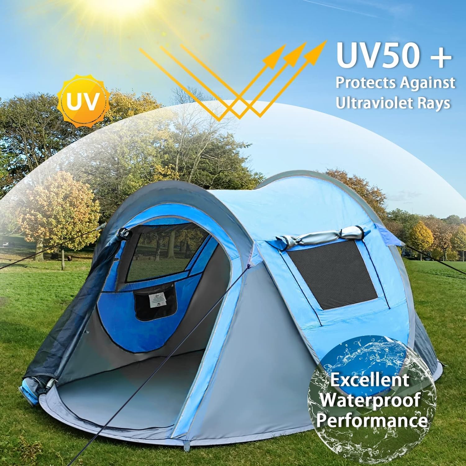 Camping tent with UV protection and waterproof performance features on a grassy field.