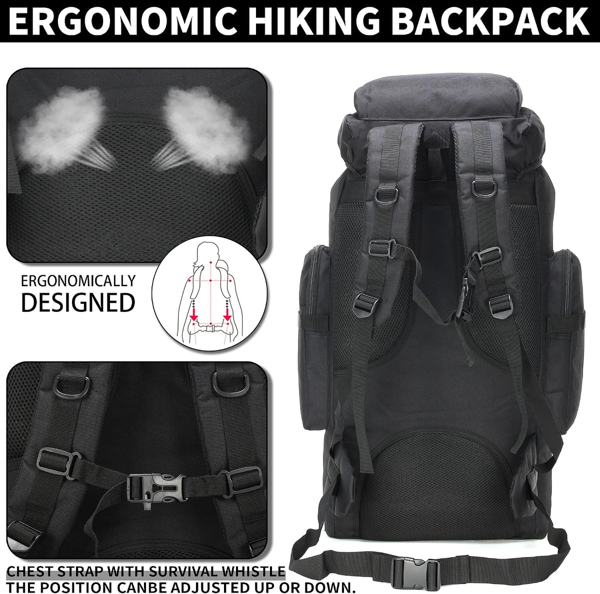 Black ergonomic hiking backpack shown from the back on a white background, with inset detail photos of the padded shoulder straps and back panel, plus text highlighting ergonomic design and adjustable chest strap.