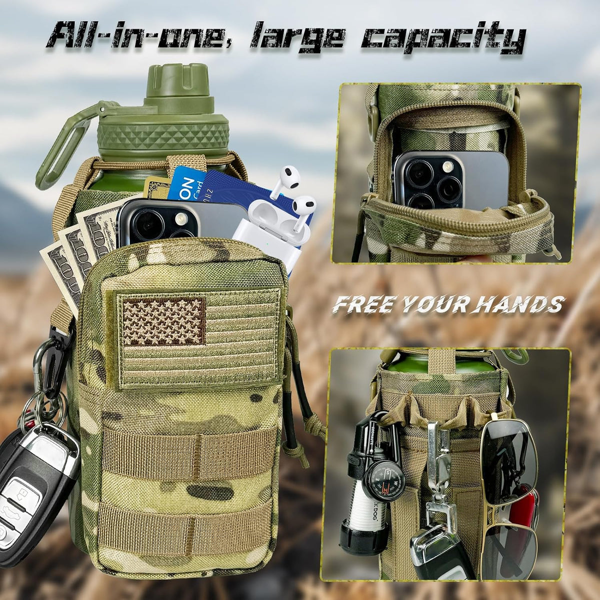 Camouflage pouch with various items and text 'All-in-one, large capacity' and 'Free your hands'.