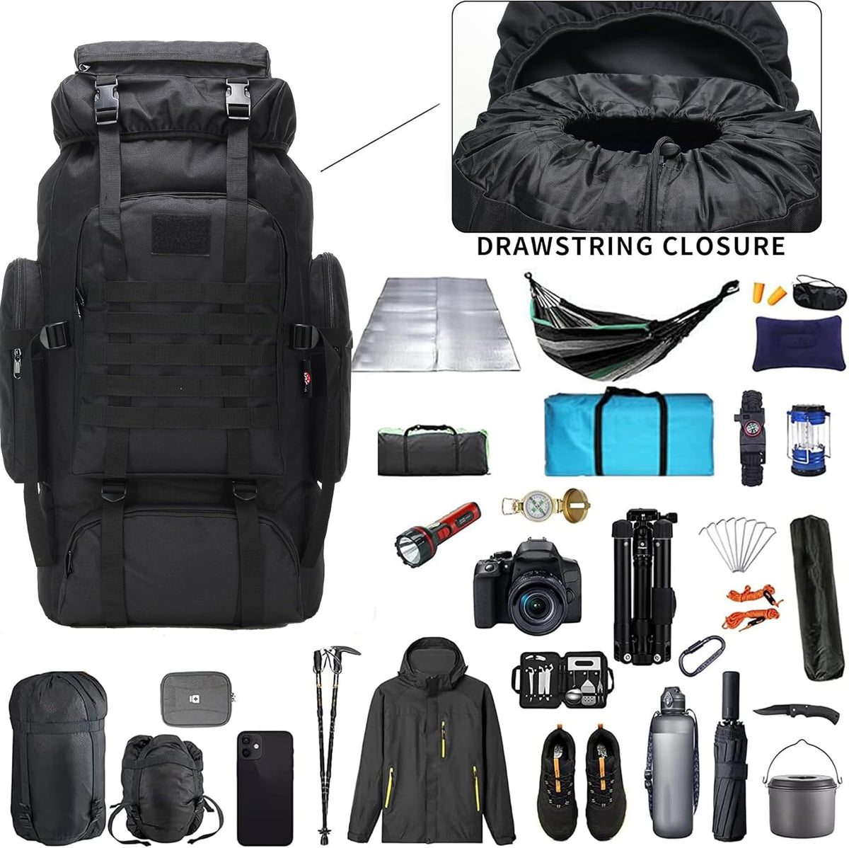 Collection of outdoor gear including a black backpack, hammock, camera, and various accessories on a white background.