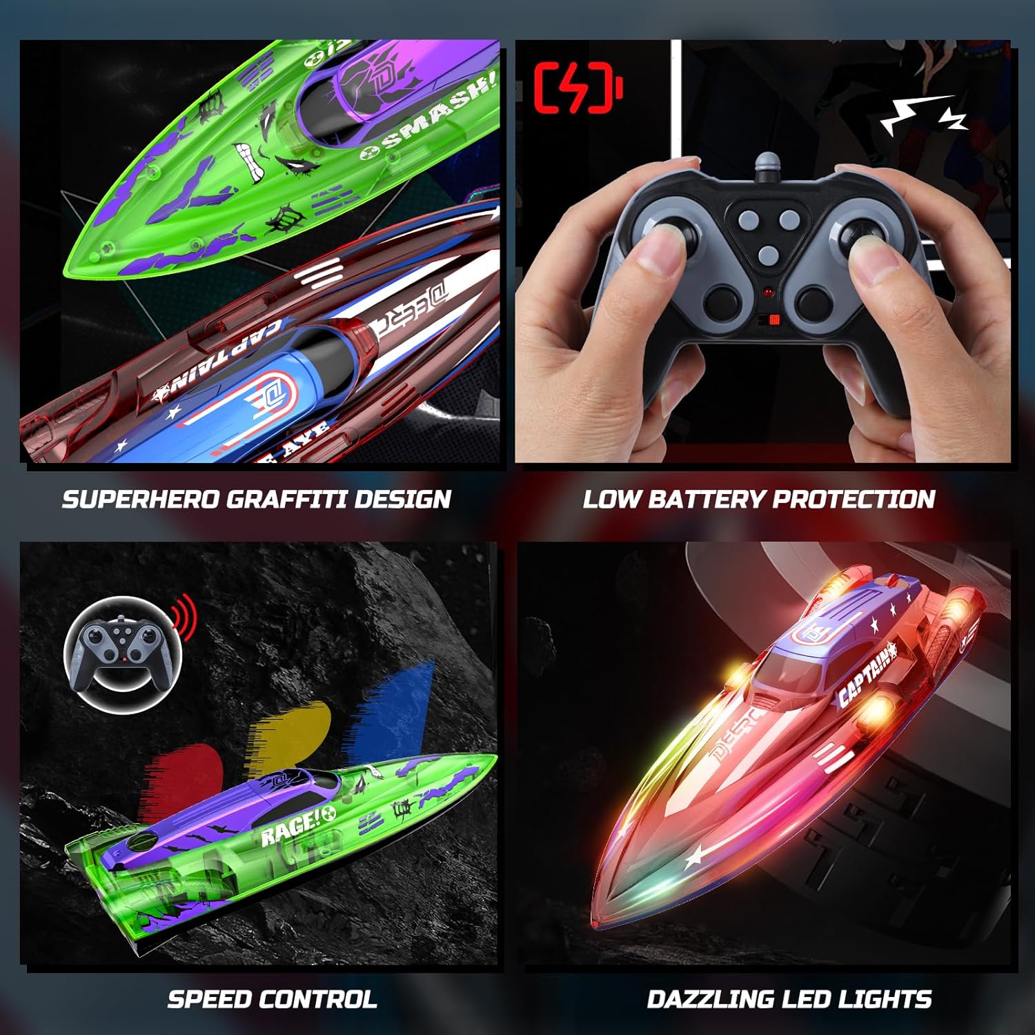 2 Pack 13 inch Remote Control Boat 2.4Ghz RC Racing Boat with LED Lights -  BigGreenBear.com rc boats 59.99 USD Big Green Bear