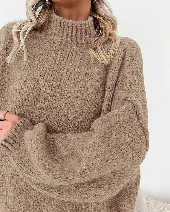 Women Long Sleeve Mock Neck Cable Knit Oversized Sweater -  BigGreenBear.com clothing 39.99 USD Big Green Bear