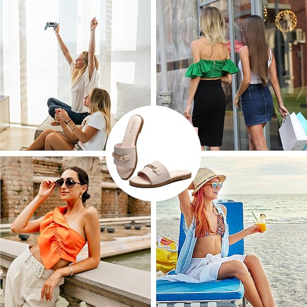 Flat Sandals for Women Slide Sandals: Beige -  BigGreenBear.com clothing 19.99 USD Big Green Bear