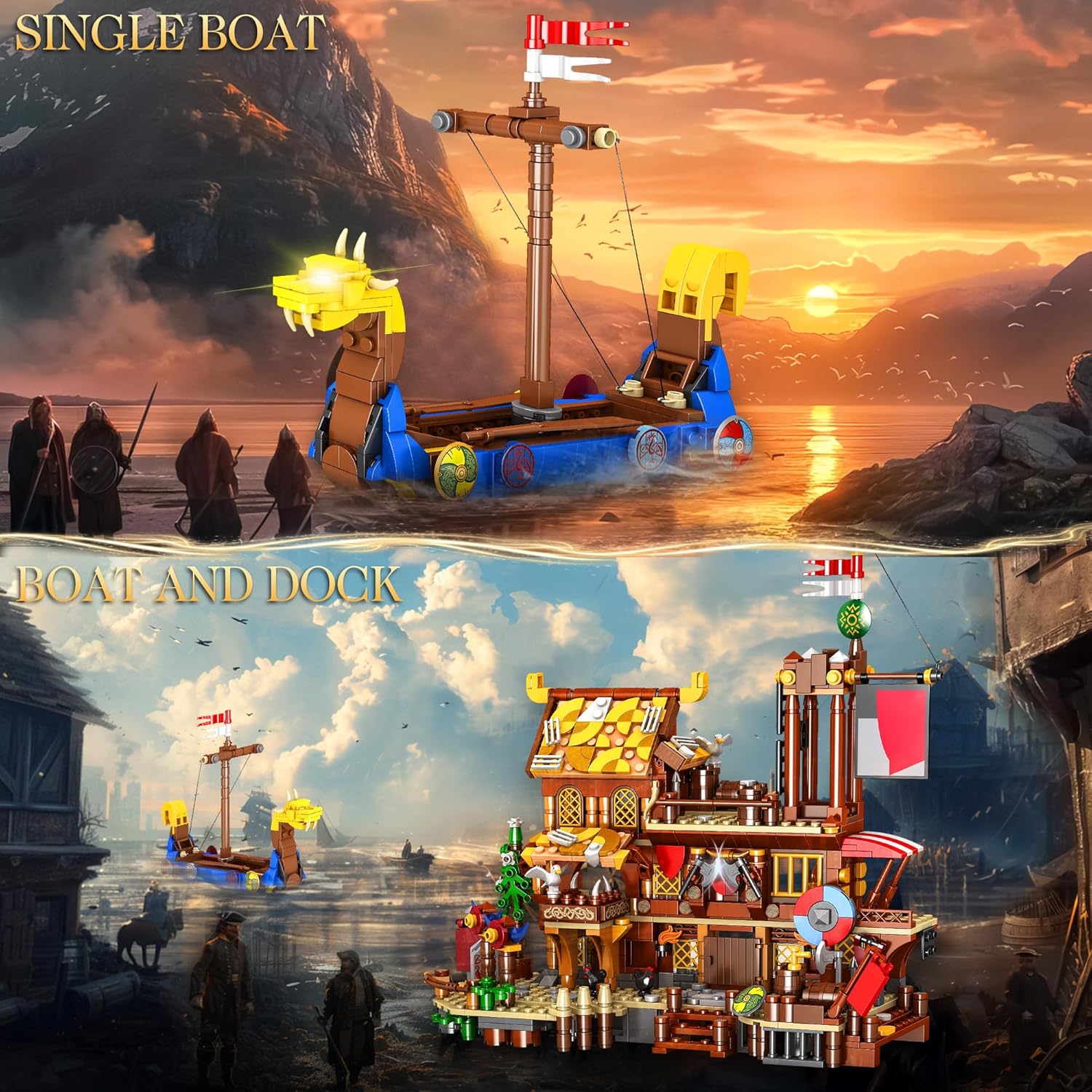 Medieval Viking Village Building Set with Dragon Head Ship, Architecture Building Block -  BigGreenBear.com Building Toys 49.89 USD Big Green Bear