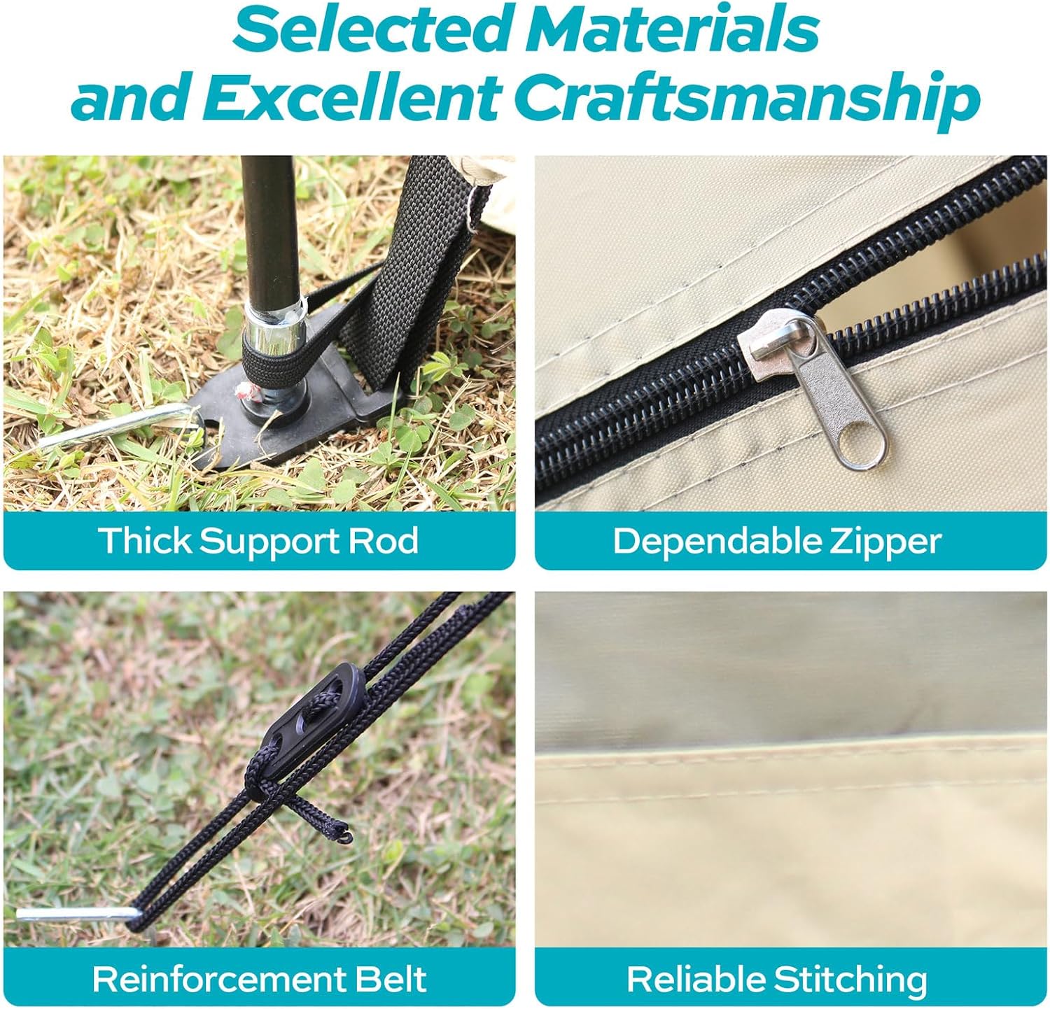 Collage of materials and features including a thick support rod, dependable zipper, reinforcement belt, and reliable stitching on a beige background.