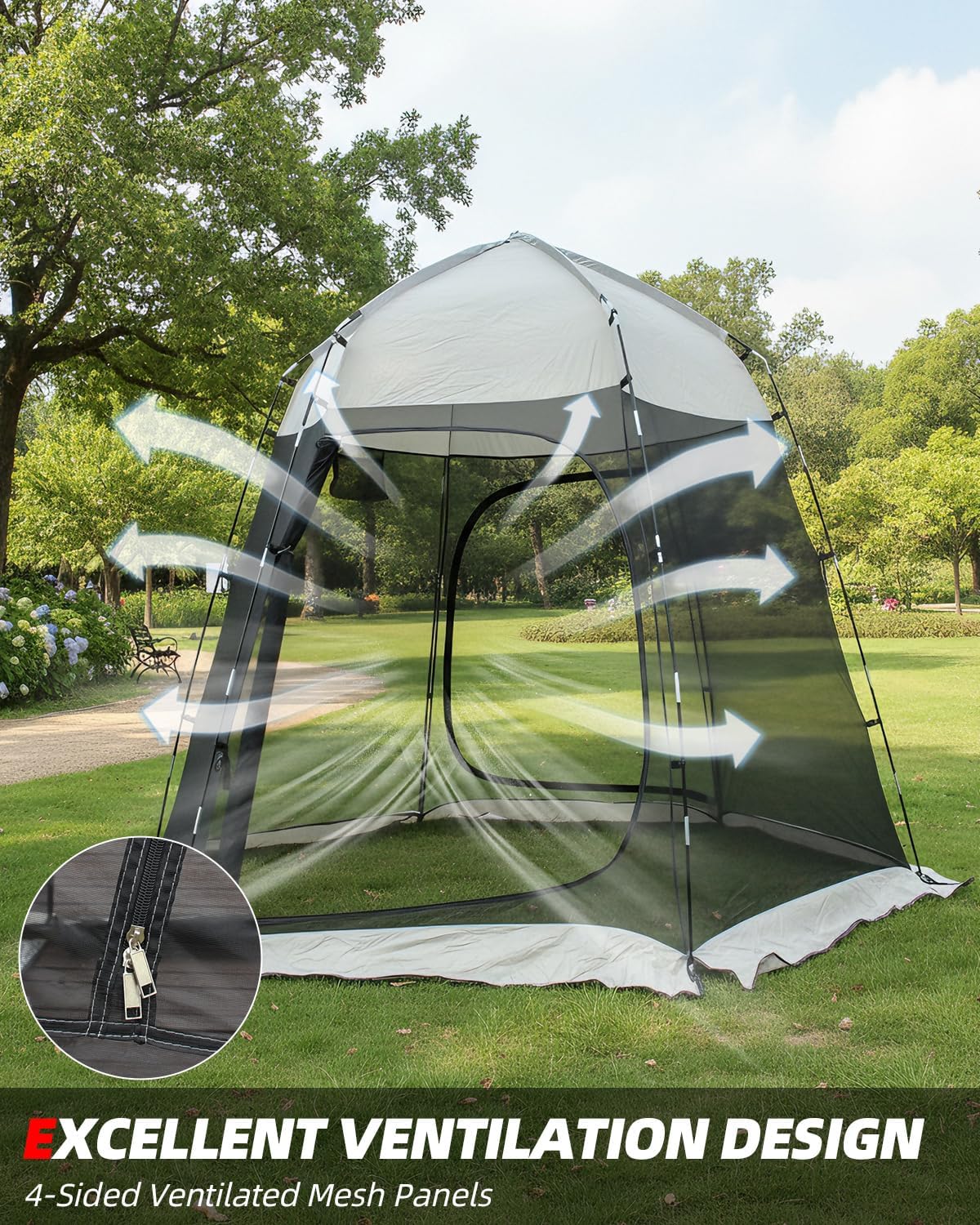 A dome-shaped outdoor mesh canopy tent set up on a grassy park lawn, with white airflow arrows overlaid to illustrate ventilation. The image includes a circular inset showing a close-up of a zipper panel and text at the bottom reading 'EXCELLENT VENTILATION DESIGN' and '4-Sided Ventilated Mesh Panels'.