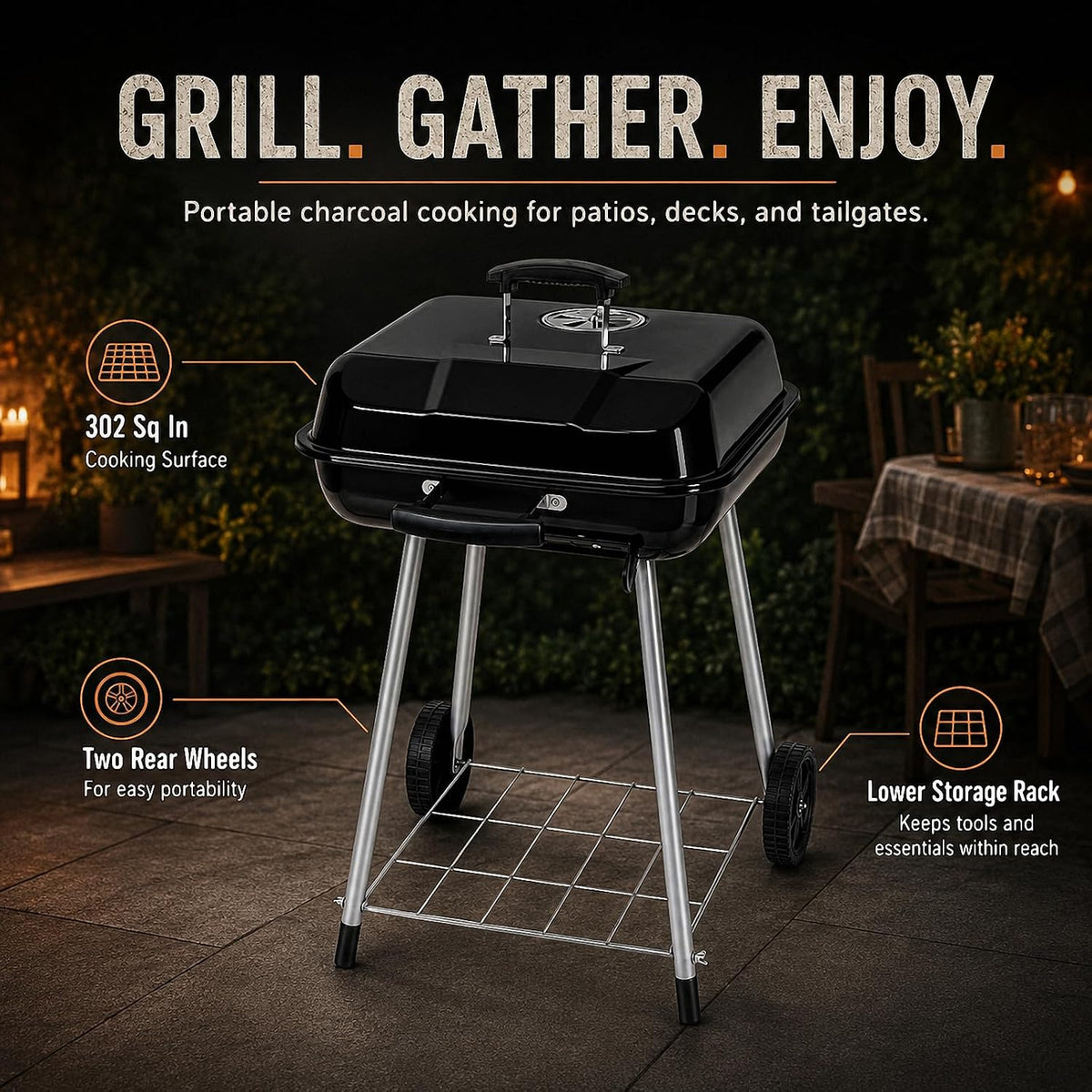 A black portable charcoal grill with silver metal legs and a lower storage rack, shown on a patio with outdoor dining furniture in the background. Text callouts highlight features including 302 sq in cooking surface, two rear wheels for portability, and a lower storage rack.