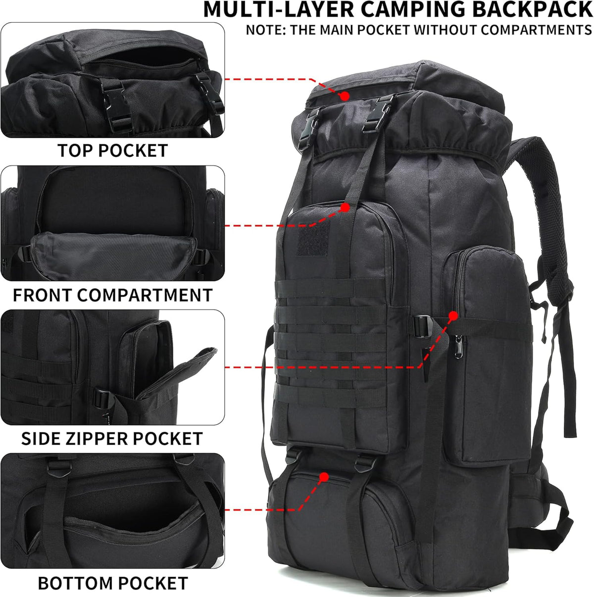 Black multi-layer camping backpack with labeled compartments on a white background