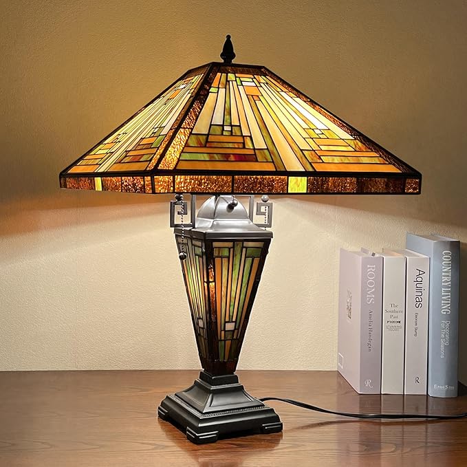 Handcrafted Tiffany Table Lamp Amber Brown Mission Style Stained Glass 24" -  BigGreenBear.com Lighting 249.21 USD Big Green Bear
