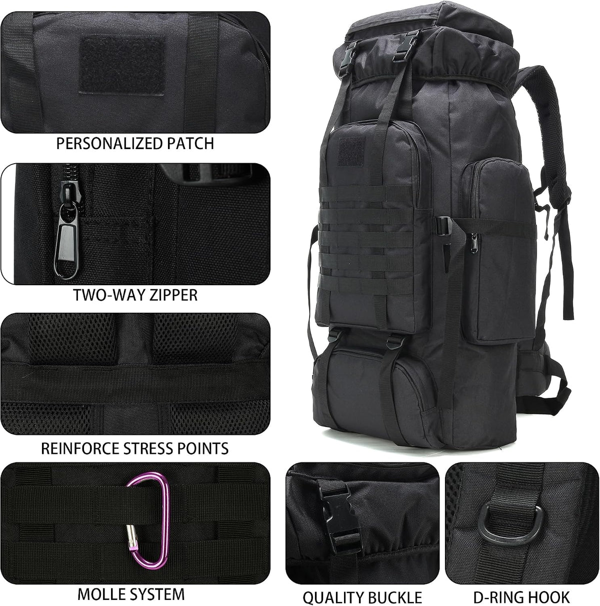 Black tactical backpack with various features highlighted on a white background