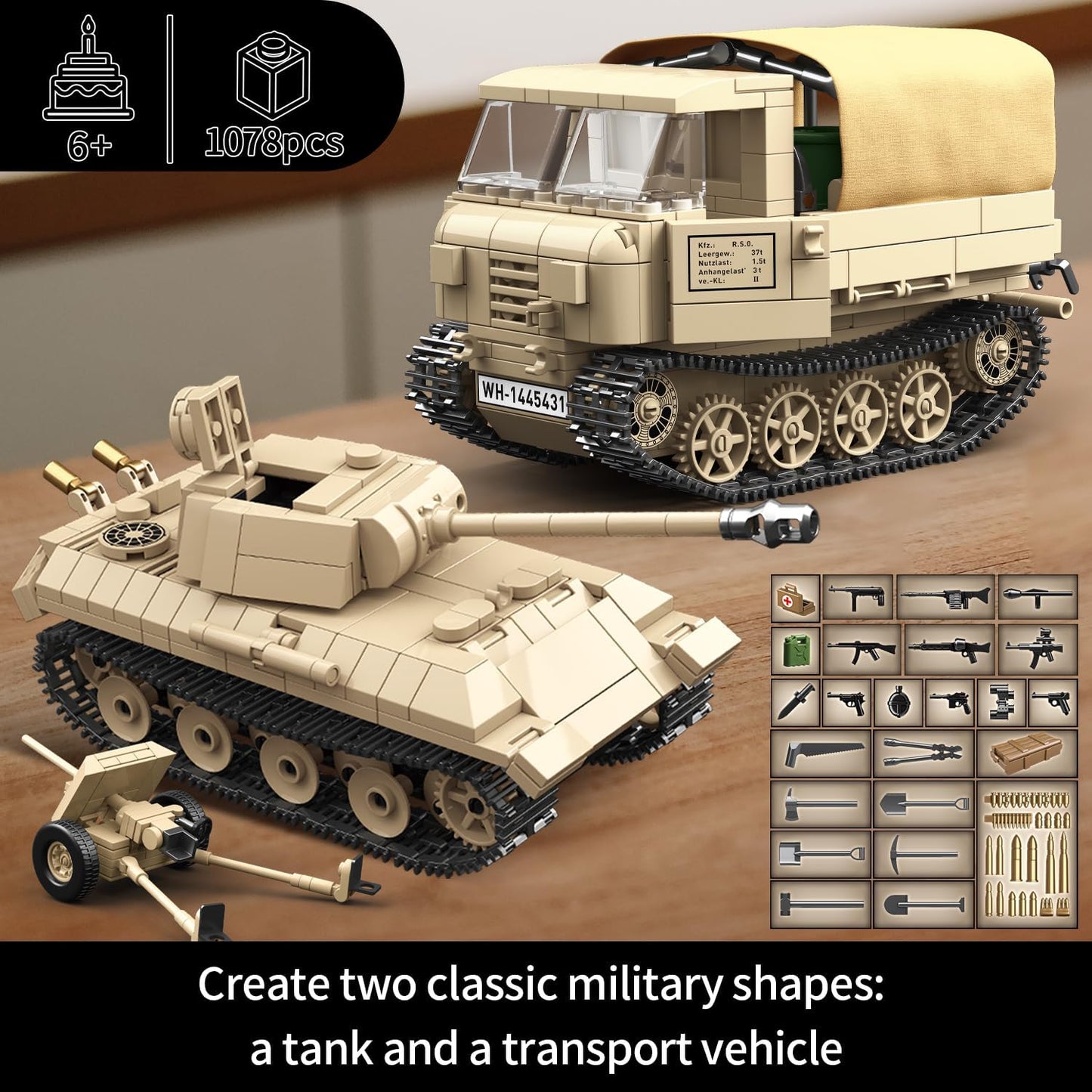 WW2 Panther Medium Tank & RSO Tractor Vehicle Building Blocks (1078 Pieces)