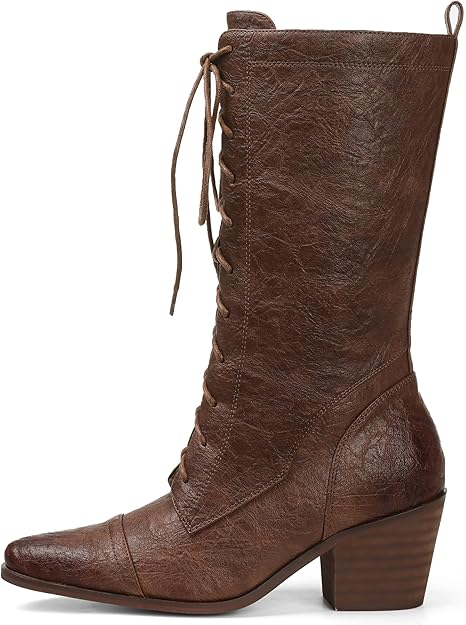 Women's Black Mid Calf Boots Lace Up Chunky Heel Vintage Combat Heeled Brown -  BigGreenBear.com boots 89.00 USD Big Green Bear