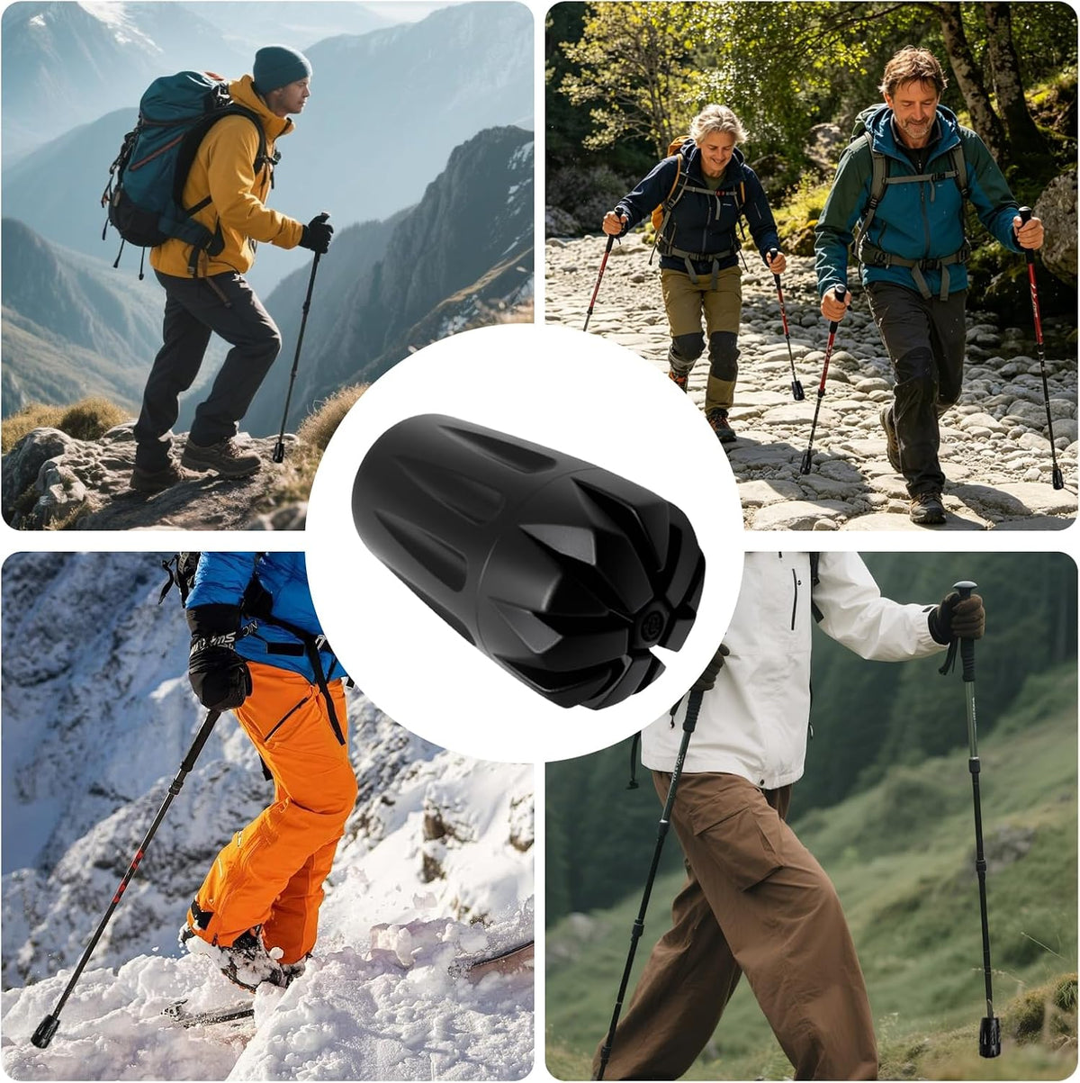 A collage showing four outdoor hiking scenes with people using trekking poles, plus a central close-up of a black textured pole tip or accessory component. Because people and real outdoor environments are present, this is classified as Lifestyle rather than Product/Packaging.