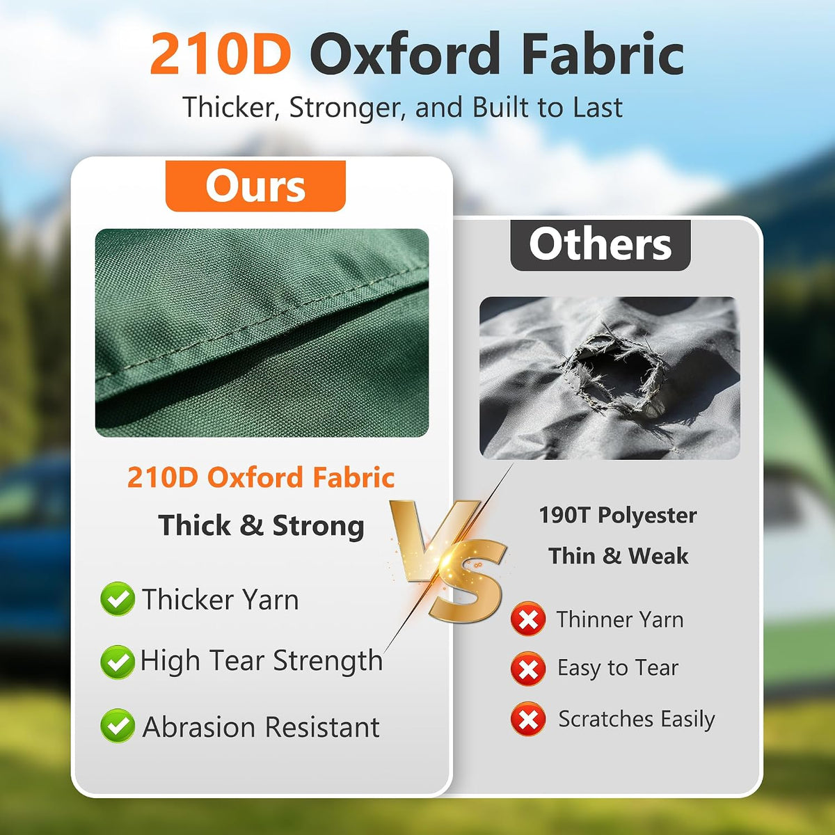 A promotional comparison graphic for a green Oxford fabric product, showing a close-up of the fabric on the left labeled 'Ours' and a torn gray fabric sample on the right labeled 'Others,' with text comparing thickness, strength, and tear resistance against a blurred outdoor background.