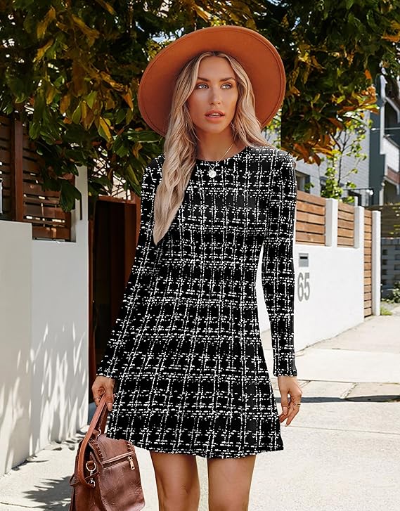 Women's Black Plaid  Long Sleeve Crew Neck Sweater Dress -  BigGreenBear.com clothing 24.50 USD Big Green Bear